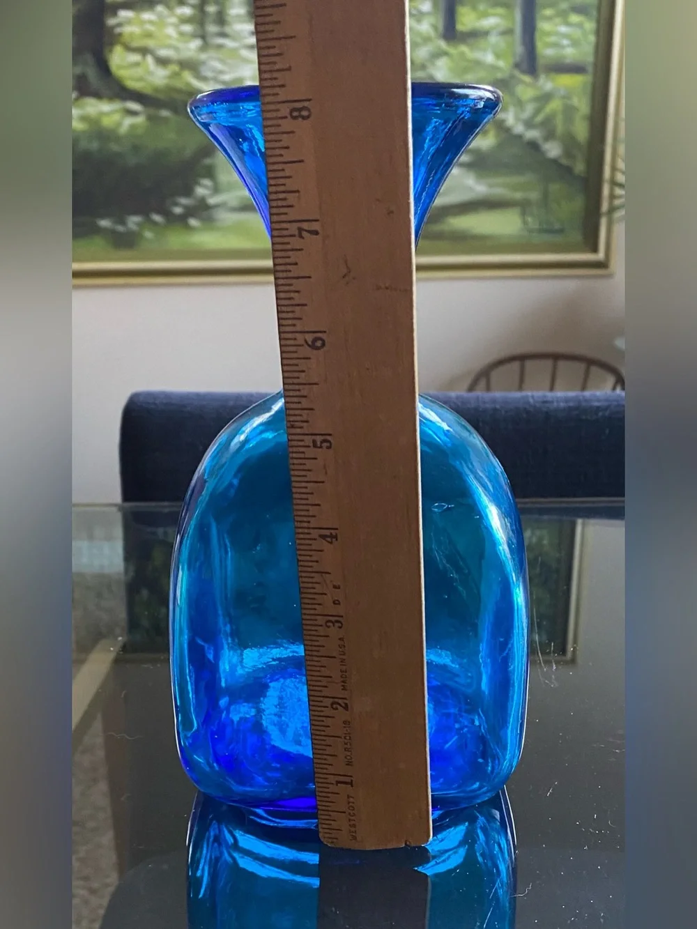 VTG Squared Blue Handblown Glass Vase Flared Rim Marked 1 Liter Italy Empoli? 8”